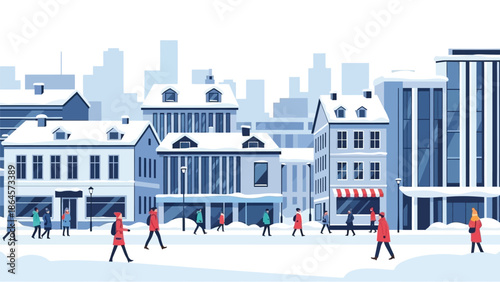 People walk along a snowy city street lined with charming buildings beneath a pale blue winter sky backdrop in this illustration.