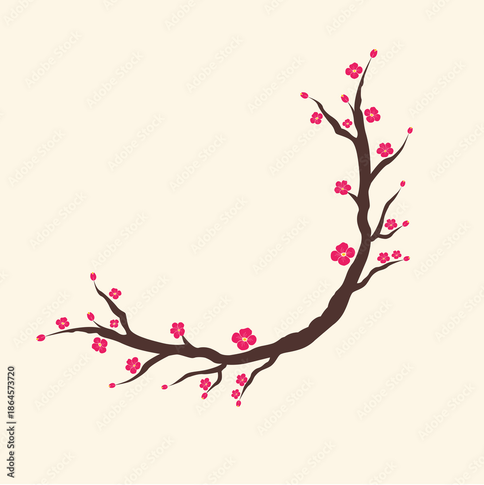 Fototapeta premium Traditional Red Plum Blossom Branch Wreath on Warm Beige Background for Spring Celebration Design