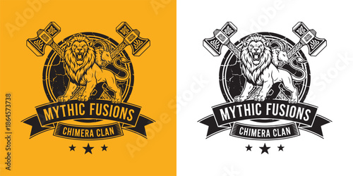 Mythic Fusions Chimera Clan Logo, Lion and Goat Hybrid with Crossed Viking Axes