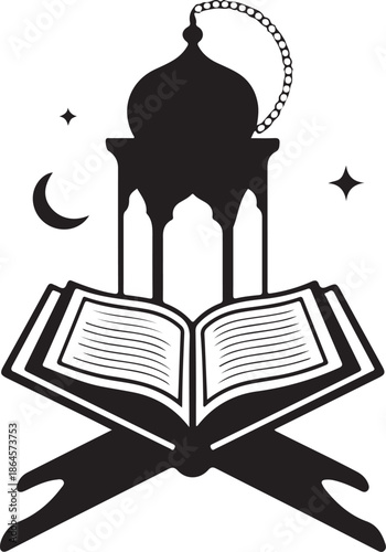 Open book with mosque and crescent moon stars Islamic architecture