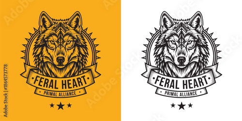 Feral Heart Primal Alliance Wolf Mascot Logo, Tribal Wolf Head with Geometric Ornament