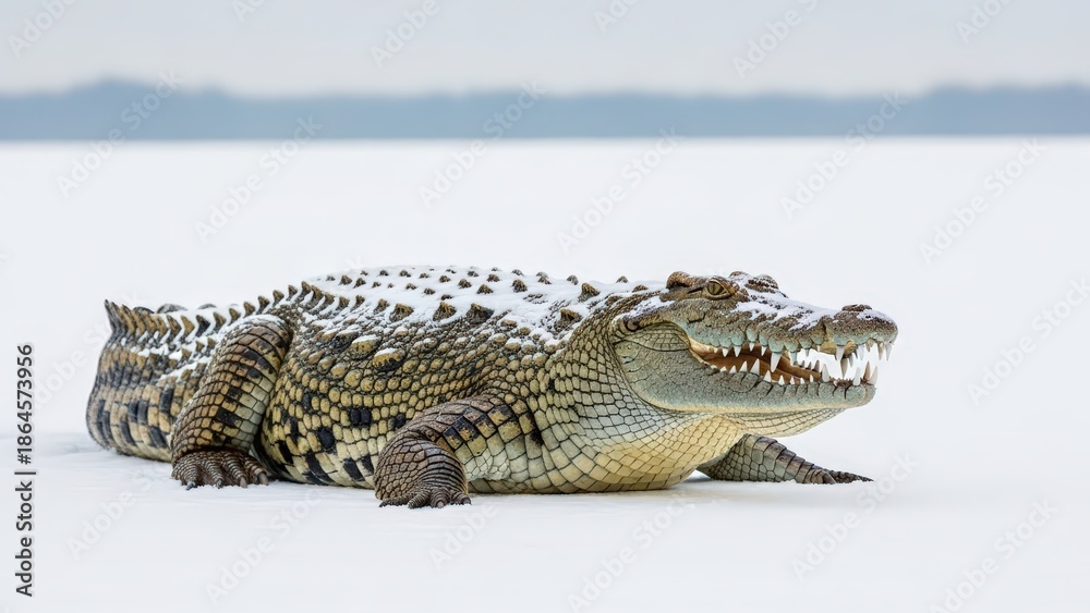 Fototapeta premium A large crocodile covered in a light dusting of snow, lying on a vast white snowy landscape with a blurred background.