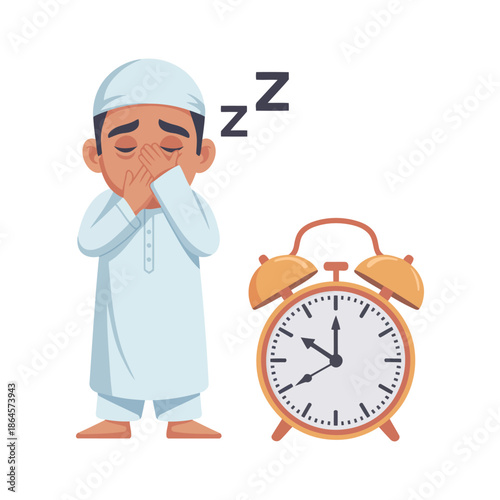Premium Transparent Muslim Boy Sleepy Fajr Alarm Clock Illustration EPS