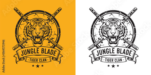 Jungle Blade Tiger Clan Logo, Roaring Tiger Head with Crossed Samurai Katana