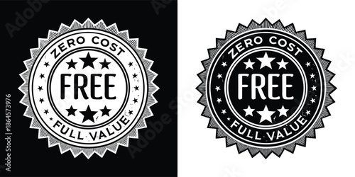 Free zero cost full value grunge stamp or badge design, a promotional emblem for products or services offering no charge and high quality