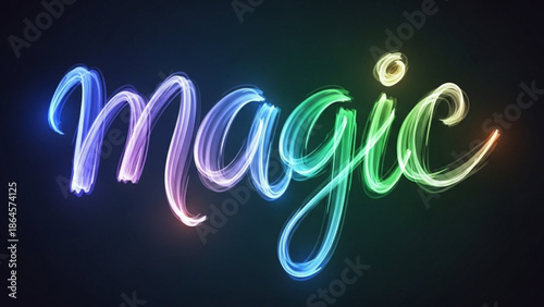 A colorful, glowing, magic word in a whimsical, handwritten font with vibrant, swirling lights on a dark background, conveying fantasy and wonder with neon