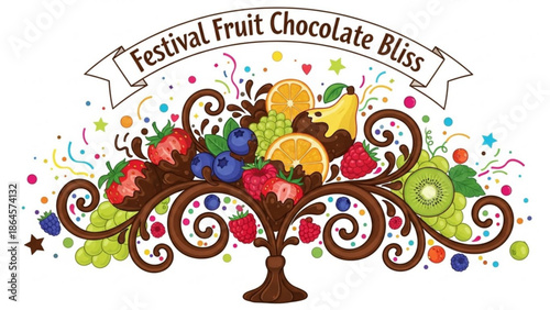 Festive fruit arrangement with chocolate and colorful confetti on white background for celebrations with festival and party and birthday and wedding