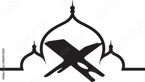 Black silhouette of a bird flying over a mosque outline