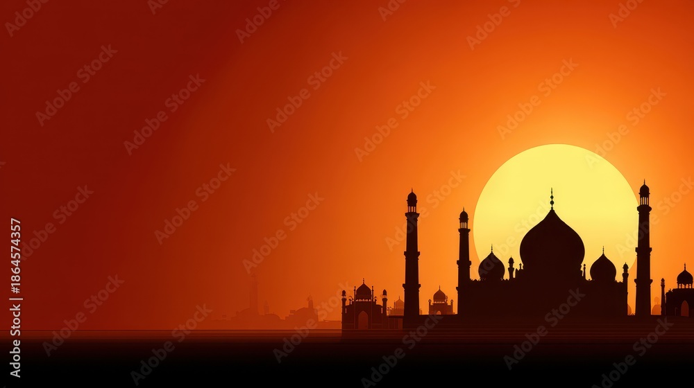 Naklejka premium Silhouette of a Historical Architectural Structure against Orange Sunset Sky