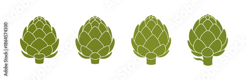 Stylized green artichoke vector icons presented in a clean, minimalist design, ideal for culinary graphics, healthy eating concepts, and digital menu designs