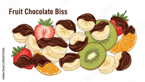 Delicious fruit slices with chocolate dip, kiwi, banana, orange, and strawberries, a tasty healthy snack or dessert option with food and illustration