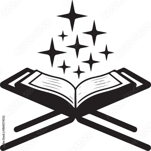 Open book with stars sparkles black and white