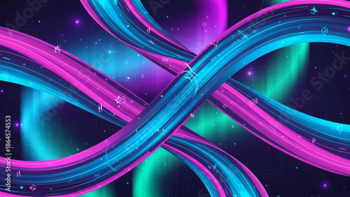 Vibrant pink and blue neon light trails intertwined in a dynamic abstract design with starry night sky background and glowing green and purple aurora