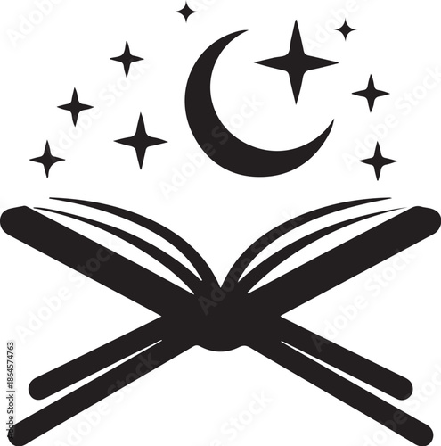 Open book with crescent moon and stars pages