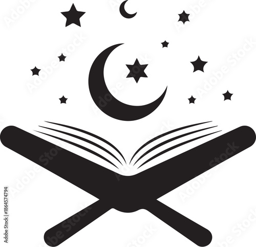Open book with crescent moon and stars above pages