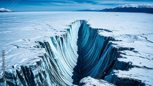 monopole. A vast glacier with a deep, dark crevasse splitting its surface, cold blue and white tones. travel magazines, destination branding, designed for outdoor magazines and nature guides.