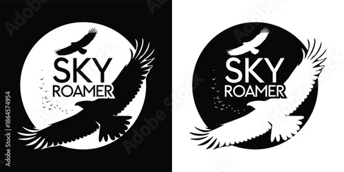 Sky roamer logo featuring two flying eagles, one in black on a white circle and another in white on a black circle, representing freedom and adventure