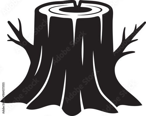 Black silhouette of a tree stump with branches against white background wood trunk