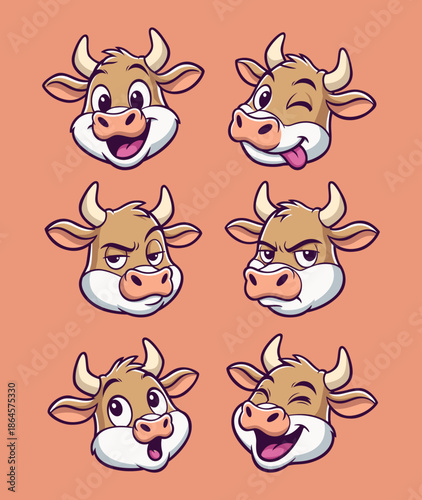 Cartoon Cow Head Expressions Set