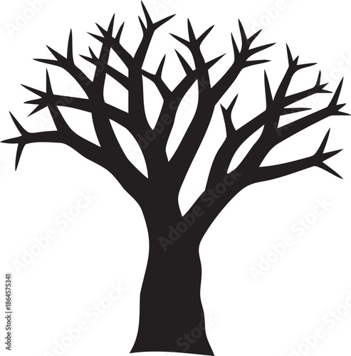 Bold black silhouette of a bare tree with sharp branches against white background vector