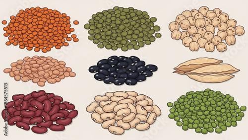 Collection of assorted legumes and pulses including lentils beans and peas illustrated in a flat design style for healthy eating concept