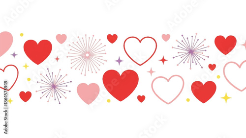 A vibrant illustration of various red hearts and festive elements on a white background, creating a celebratory atmosphere from a straightforward viewpoint.