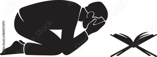 Black silhouette of person sleeping with open book nearby