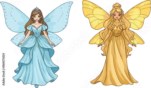 beautiful fairy princess characters with butterfly wings illustration, fantasy magical women, blue and gold fairy costumes isolated on white background