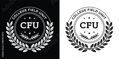 Classic college field unit cfu emblem with laurel wreath, stars, and text, presented in contrasting black and white versions, for academic branding