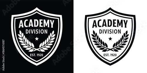 Vintage academy division crest logo with laurel wreath and star, featuring established date, suitable for educational, sports, or club branding