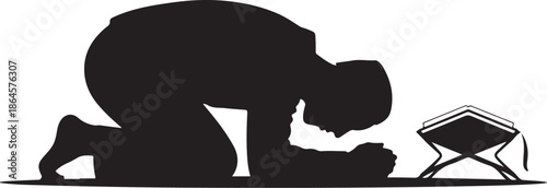Black silhouette of person praying with open book kneeling