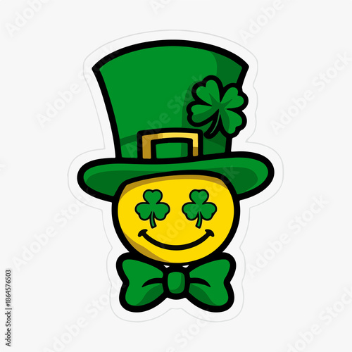 St. Patrick’s Day Smiley – Cartoon Yellow Face with Shamrock Eyes, Green Hat, and Bow Tie