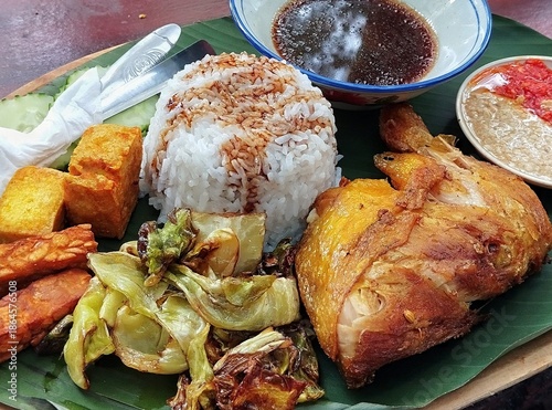 grilled chicken breast, ayam penyet with full side dish