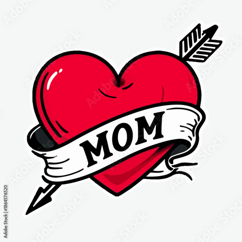 Mom Heart Tattoo Illustration – Red Cartoon Heart with Arrow, Banner, and Bold Black “MOM” Text