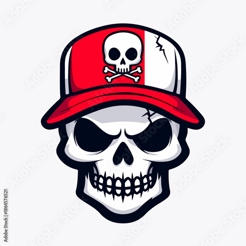 Skull with Baseball Cap Illustration – Cartoon Skull with Red-White Hat, Crack Detail, and Crossbones Emblem