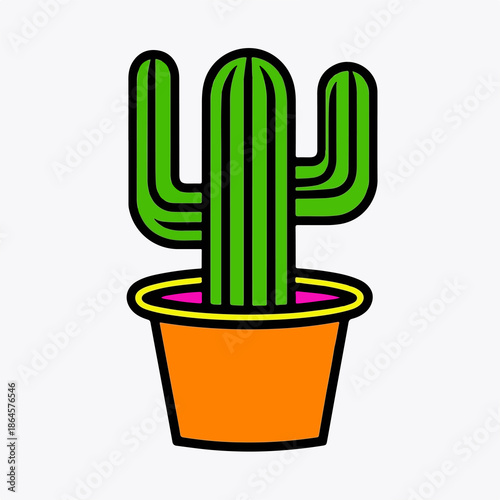 Cactus Illustration – Green Three-Armed Cactus in Orange Pot with Pink Rim and Bold Outline
