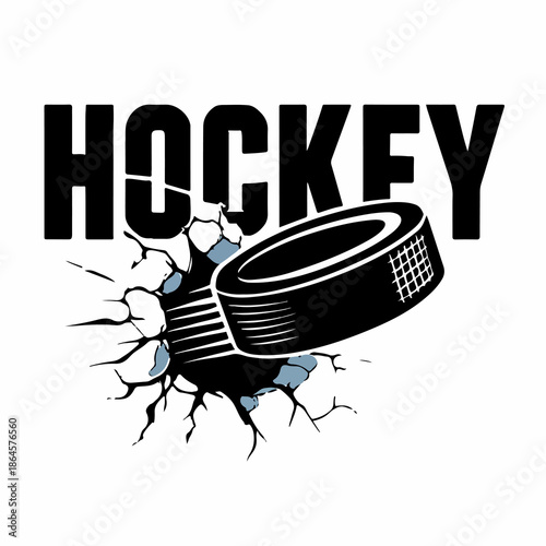 Hockey Impact Illustration – Bold Black Typography with Crashing Puck and Flying Debris in Dynamic Cartoon Style