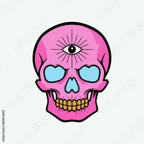 Third Eye Skull Illustration – Pink Cartoon Skull with Blue Eye Sockets, Yellow Teeth, and Mystical Forehead Eye