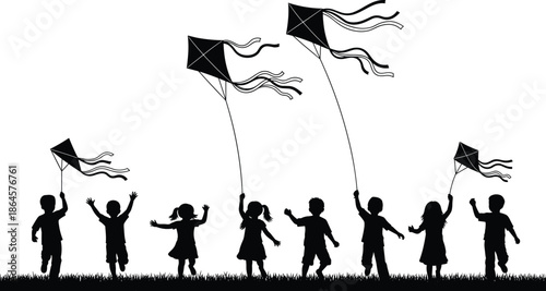 children flying kites silhouette illustration, happy kids outdoor play, childhood freedom concept, group activity scene isolated on white background