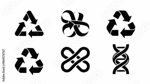 Collection of Recycling and Sustainability Symbols in Black and White.