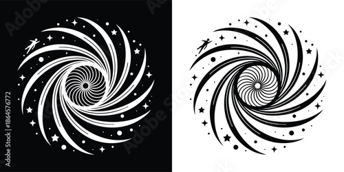 Abstract swirling galaxy or vortex design in black and white, featuring stars and cosmic elements, presented as a dualtone illustration