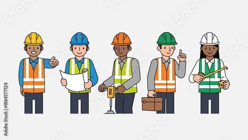 A diverse group of construction workers in safety gear, showcasing teamwork and professional roles across the building and development industry