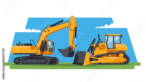 Dynamic yellow construction machinery working together on a building site, showcasing an excavator and a bulldozer for earthmoving and digging operations