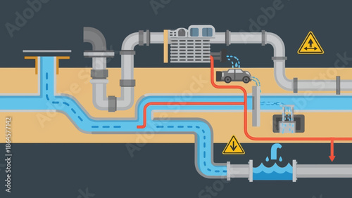 Essential urban pipeline infrastructure diagram illustrating effective water management systems, highlighting potential sewage leaks and crucial maintenance for utility networks