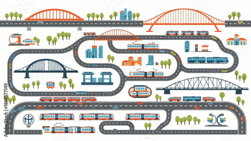 Urban transportation network illustration. Modern city infrastructure bridges, roads, railways, public transit. Efficient connectivity, urban planning, development