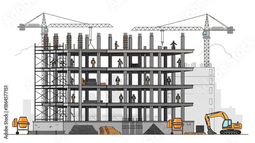 Illustrative depiction of a busy building construction site with cranes, scaffolding, and machinery actively developing urban infrastructure