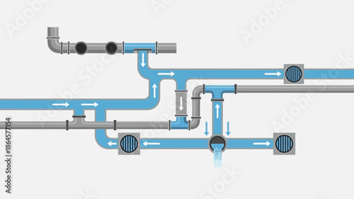 Diagram of a modern plumbing system demonstrating efficient water flow through interconnected pipes and drains, illustrating essential utility infrastructure