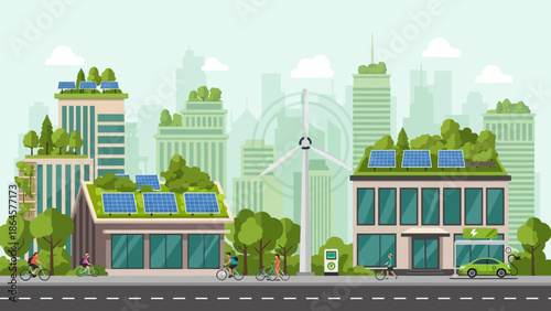 Modern urban landscape with green buildings, solar panels, and wind power, depicting eco-friendly city living and sustainable development for a healthy environment