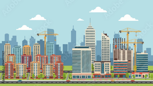Vector illustration of a vibrant urban landscape featuring diverse modern architecture and active construction, symbolizing progressive city growth and urban expansion