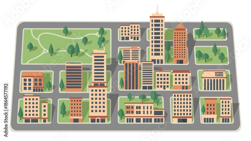 Aerial view of a modern city skyline with buildings, parks, and streets, showcasing urban development and cityscape design
